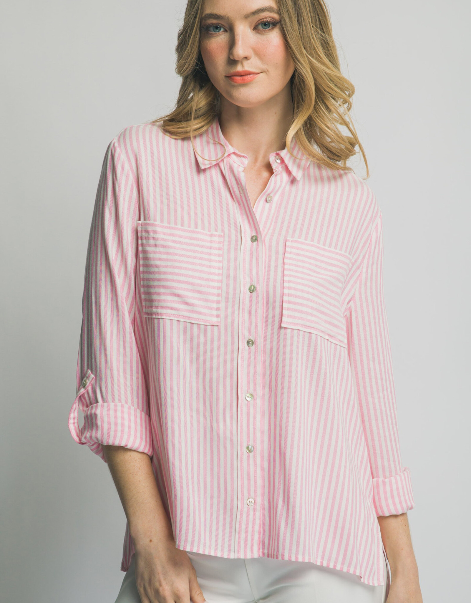 Miss Bliss LT Striped Roll Up LS Button Down Shirt-Pink