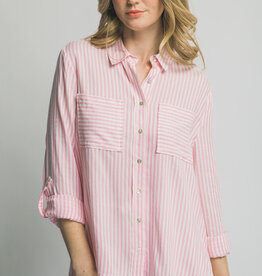 Miss Bliss Striped Roll Up LS Button Down Shirt-Pink