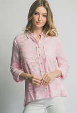 Miss Bliss LT Striped Roll Up LS Button Down Shirt-Pink
