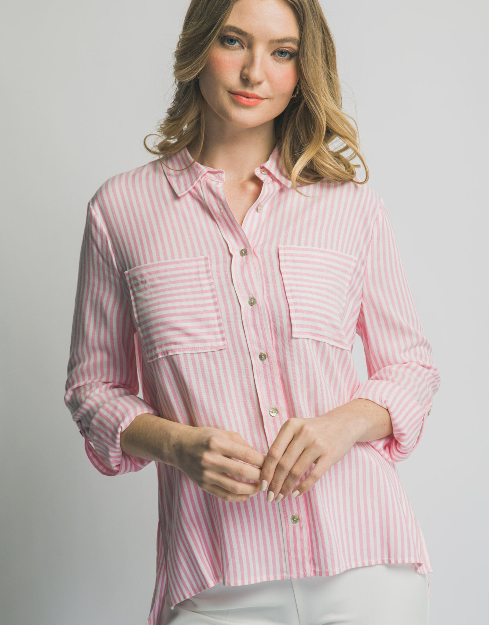 Miss Bliss LT Striped Roll Up LS Button Down Shirt-Pink
