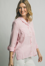 Miss Bliss LT Striped Roll Up LS Button Down Shirt-Pink