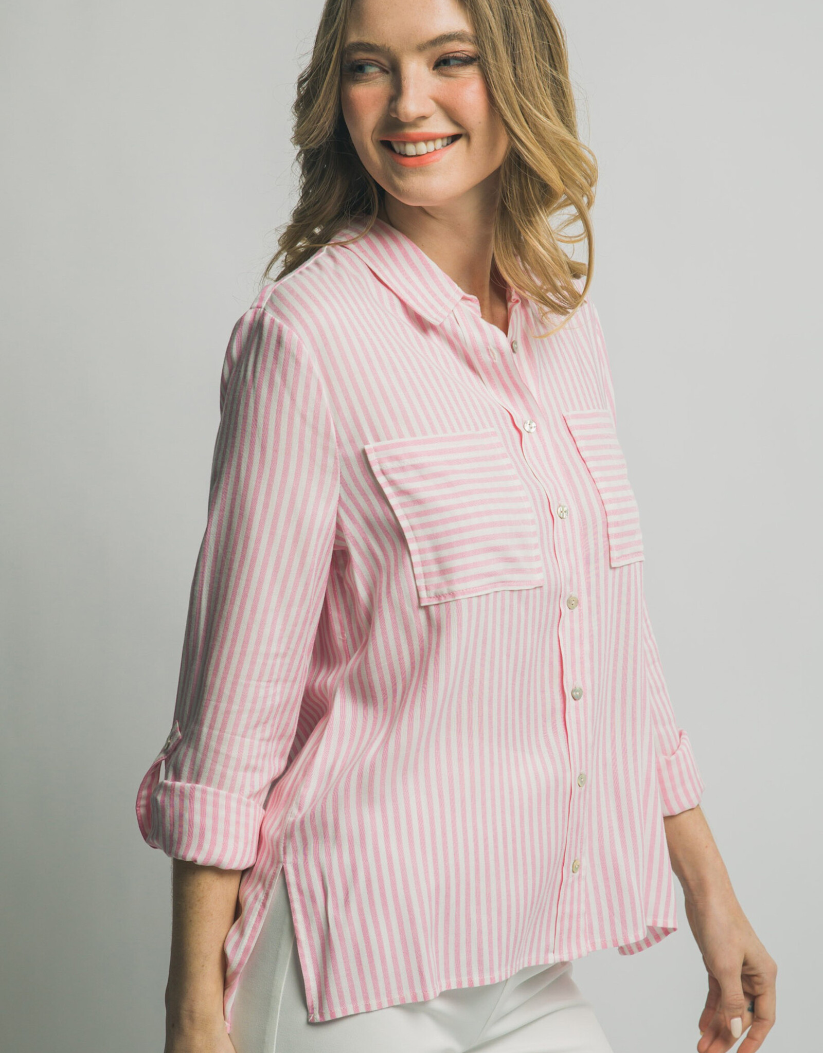 Miss Bliss LT Striped Roll Up LS Button Down Shirt-Pink
