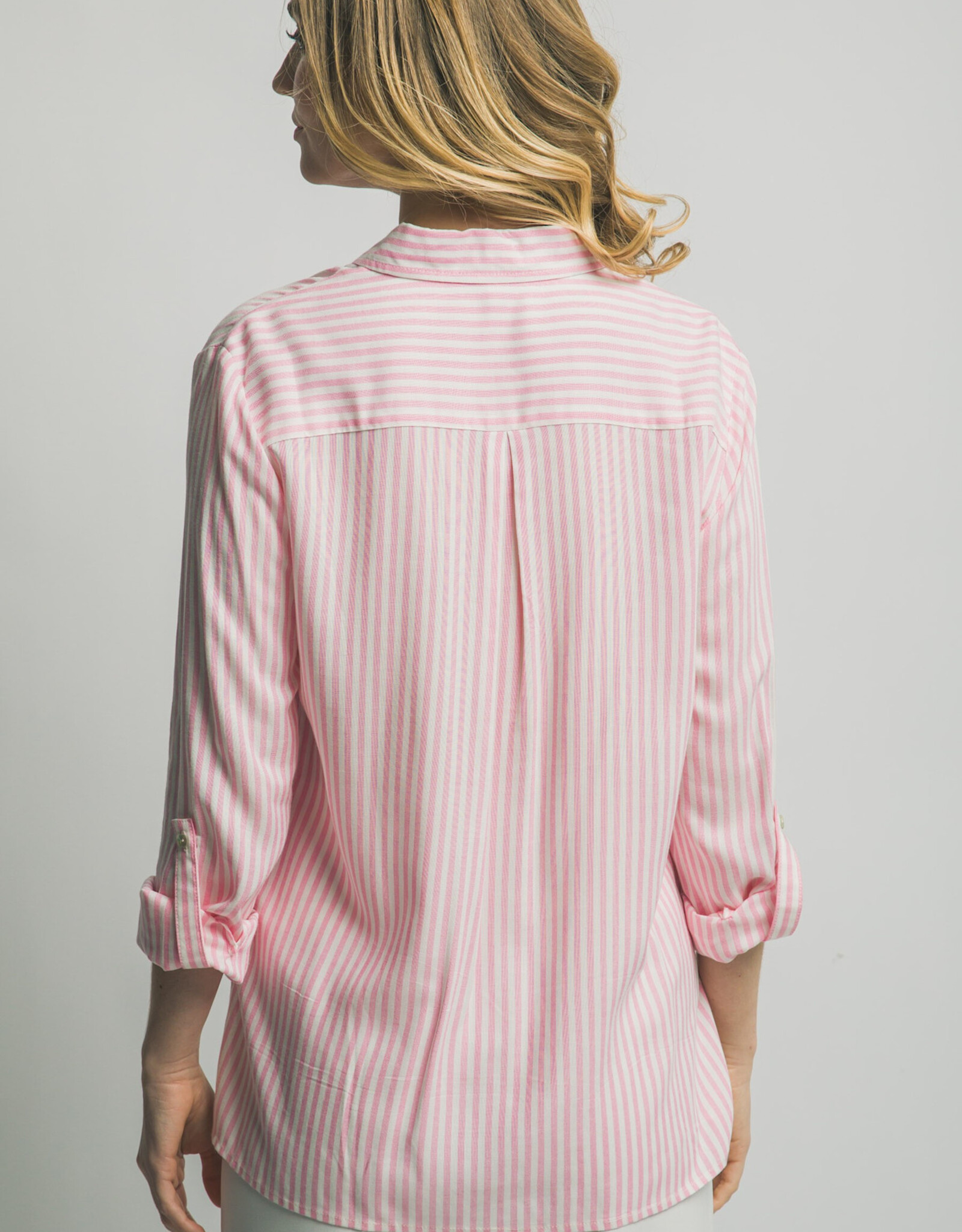 Miss Bliss LT Striped Roll Up LS Button Down Shirt-Pink