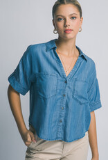 Miss Bliss LT Short Slv V Neck Chambray Shirt-Blue