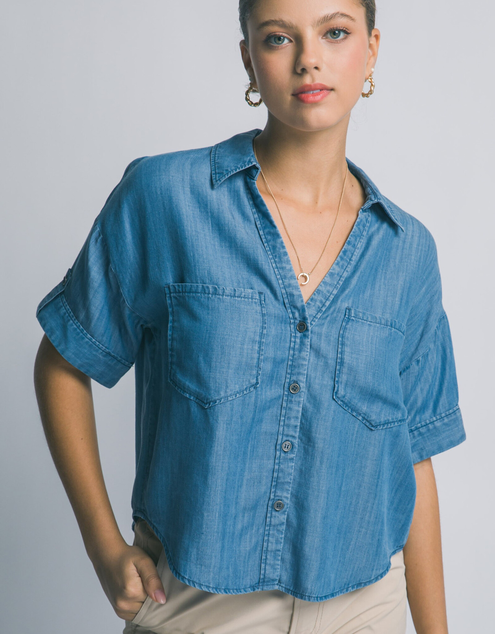 Miss Bliss LT Short Slv V Neck Chambray Shirt-Blue