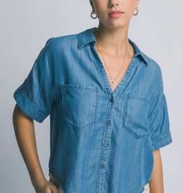 Miss Bliss Short Slv V Neck Chambray Shirt-Blue