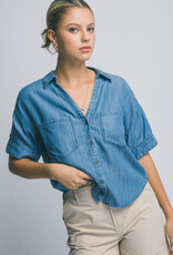 Miss Bliss LT Short Slv V Neck Chambray Shirt-Blue
