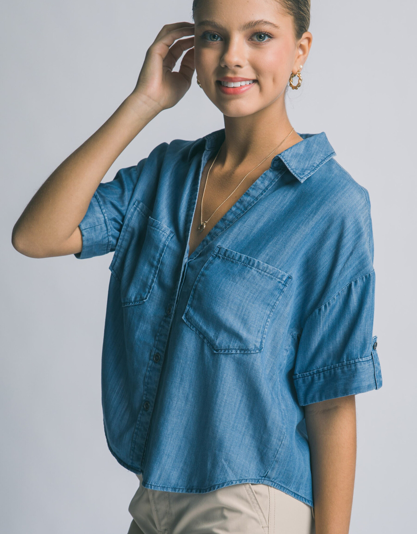 Miss Bliss LT Short Slv V Neck Chambray Shirt-Blue