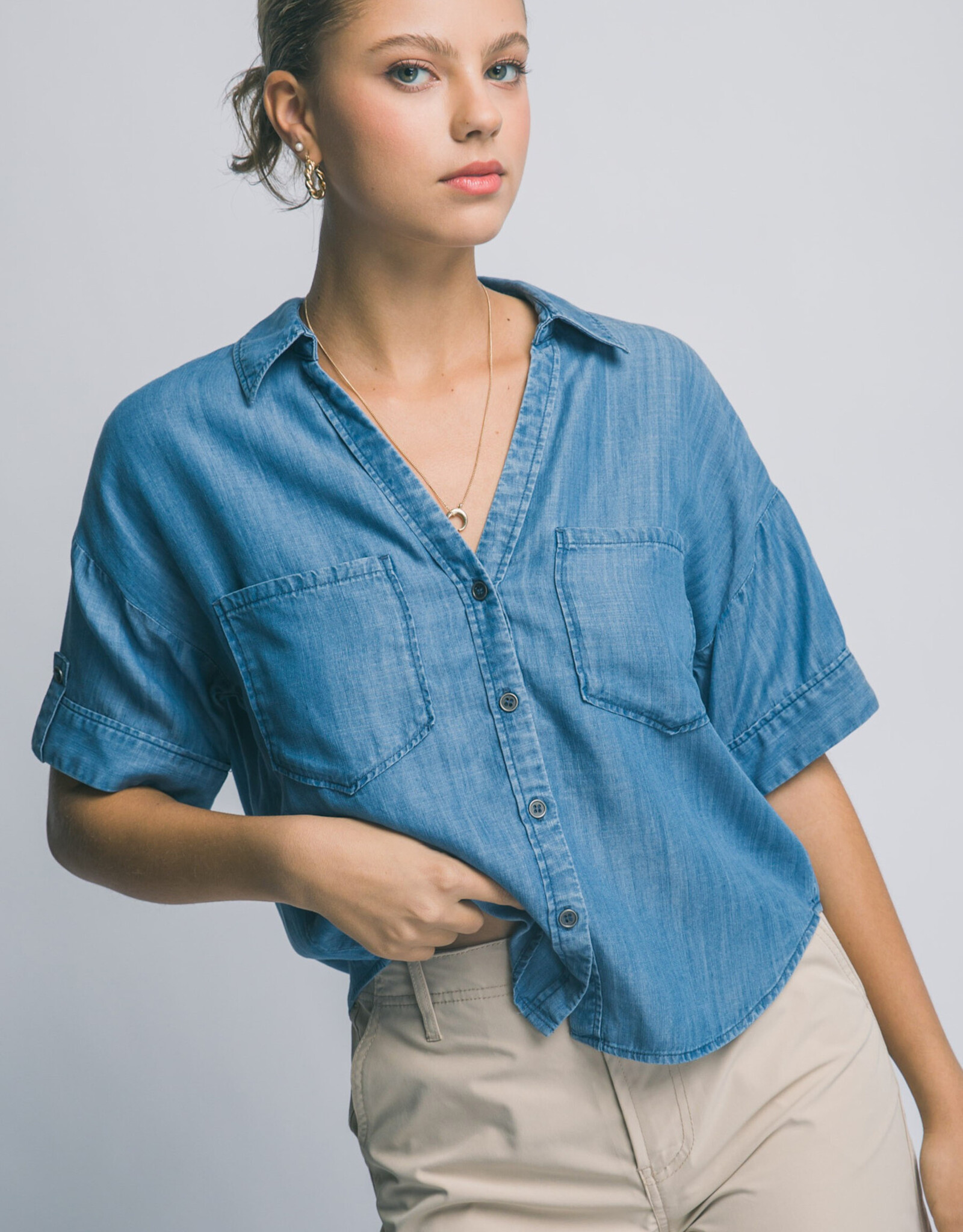 Miss Bliss LT Short Slv V Neck Chambray Shirt-Blue