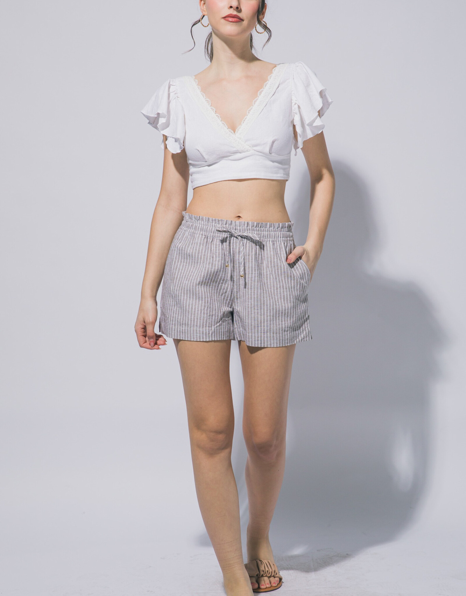 Miss Bliss LT Striped Linen Blend Shorts-Mocha
