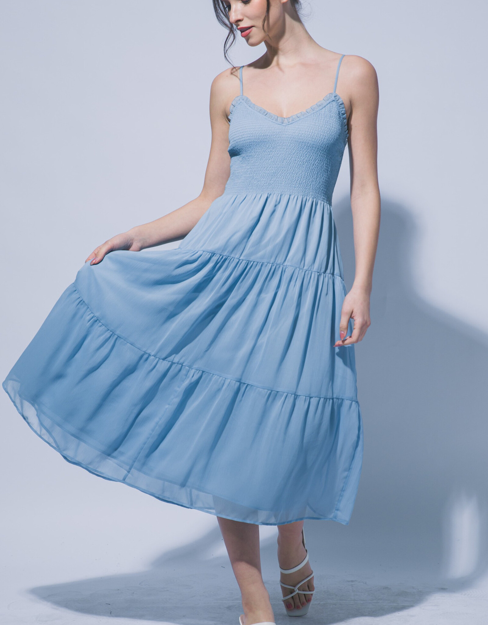 Miss Bliss LT Tiered Smocked Bodice Midi Dress-Blue