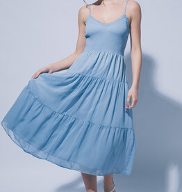 Miss Bliss Tiered Smocked Bodice Midi Dress-Blue