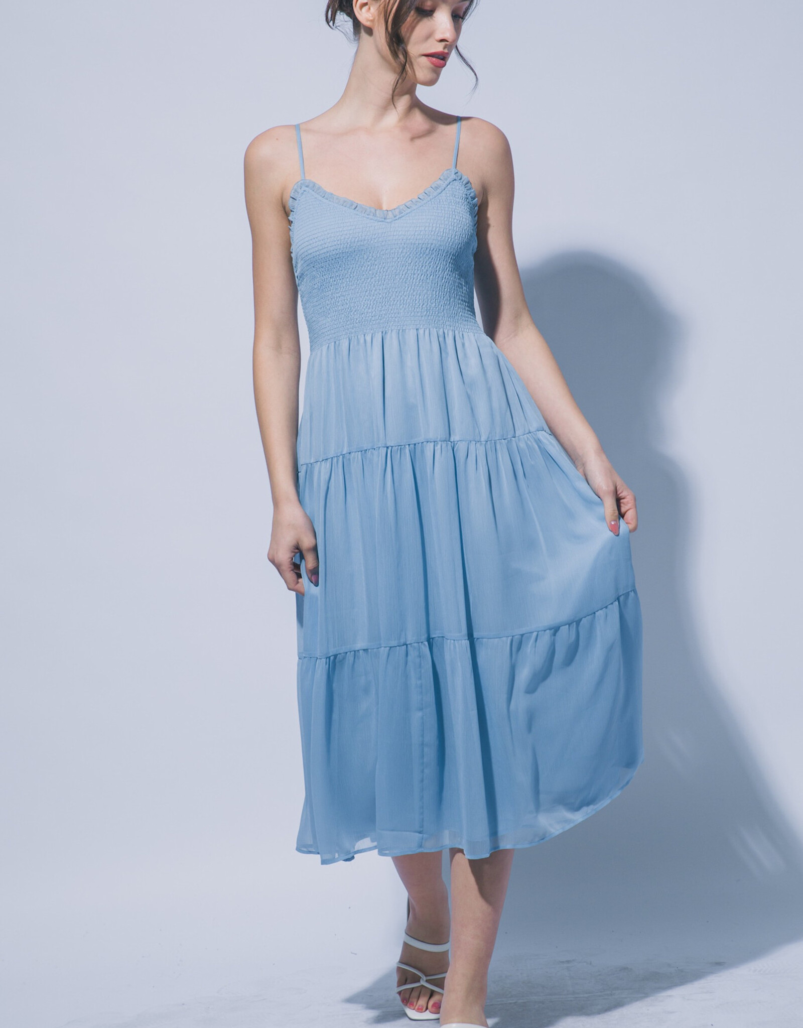 Miss Bliss LT Tiered Smocked Bodice Midi Dress-Blue