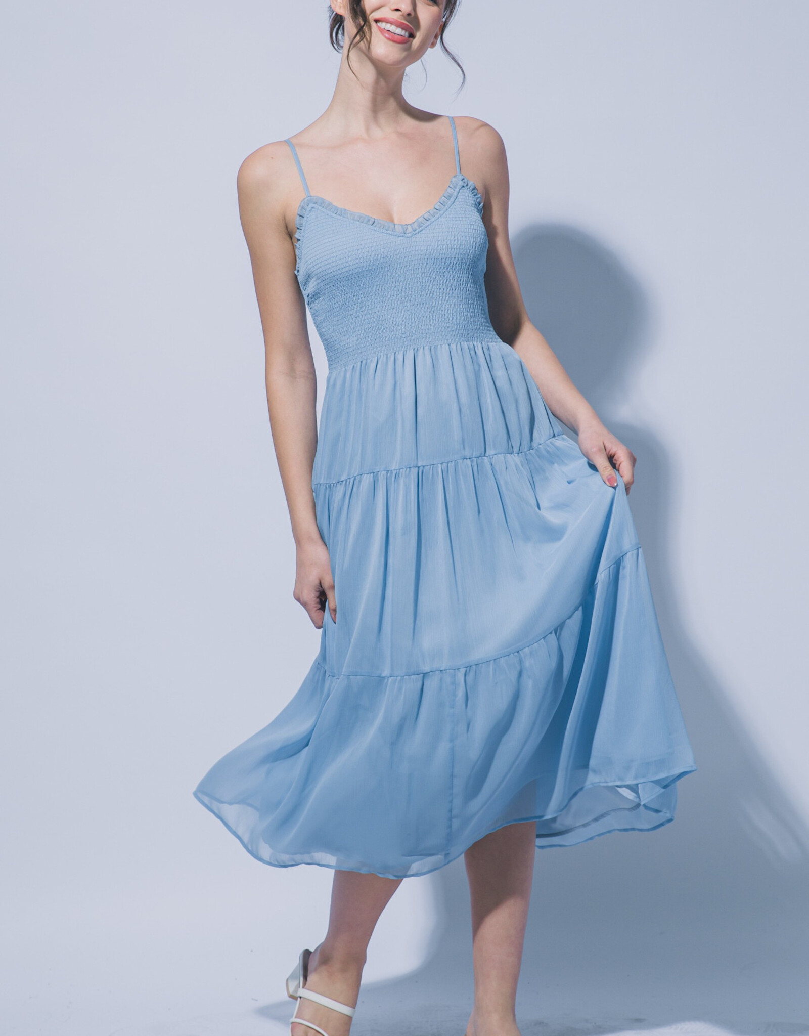 Miss Bliss LT Tiered Smocked Bodice Midi Dress-Blue