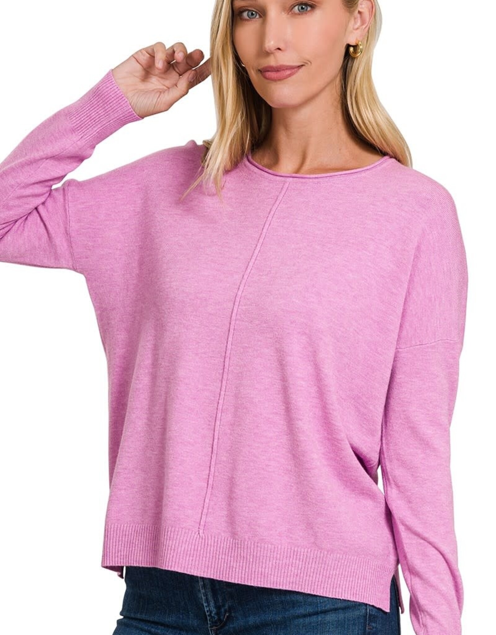 Miss Bliss Zen Viscose Front Seam Round Neck Sweater-Mauve