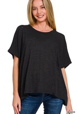 Miss Bliss Zen Oversized Slub Hacci Top With Pocket-Black
