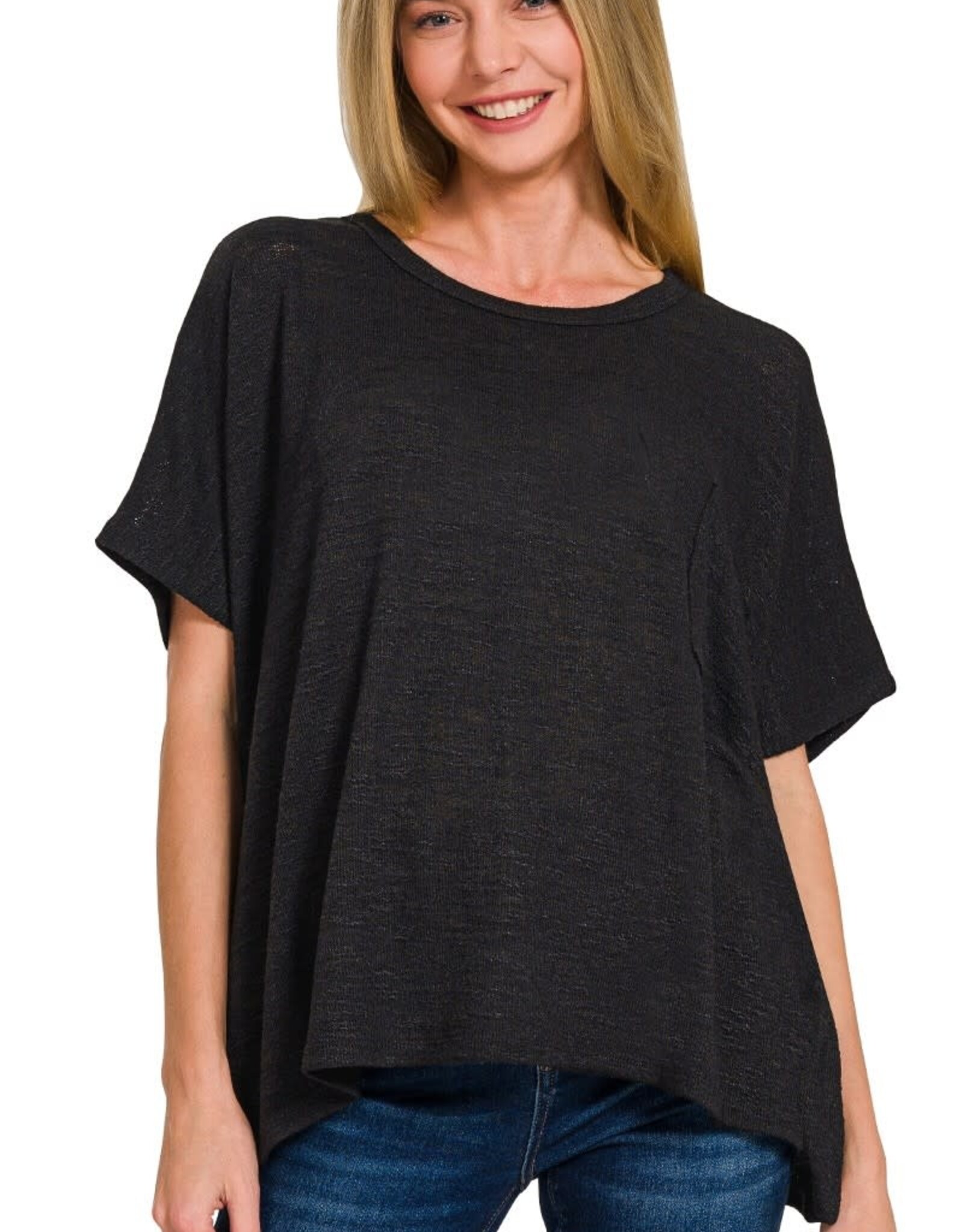 Miss Bliss Zen Oversized Slub Hacci Top With Pocket-Black