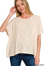 Miss Bliss Zen Oversized Slub Hacci Top With Pocket-Sand Beige