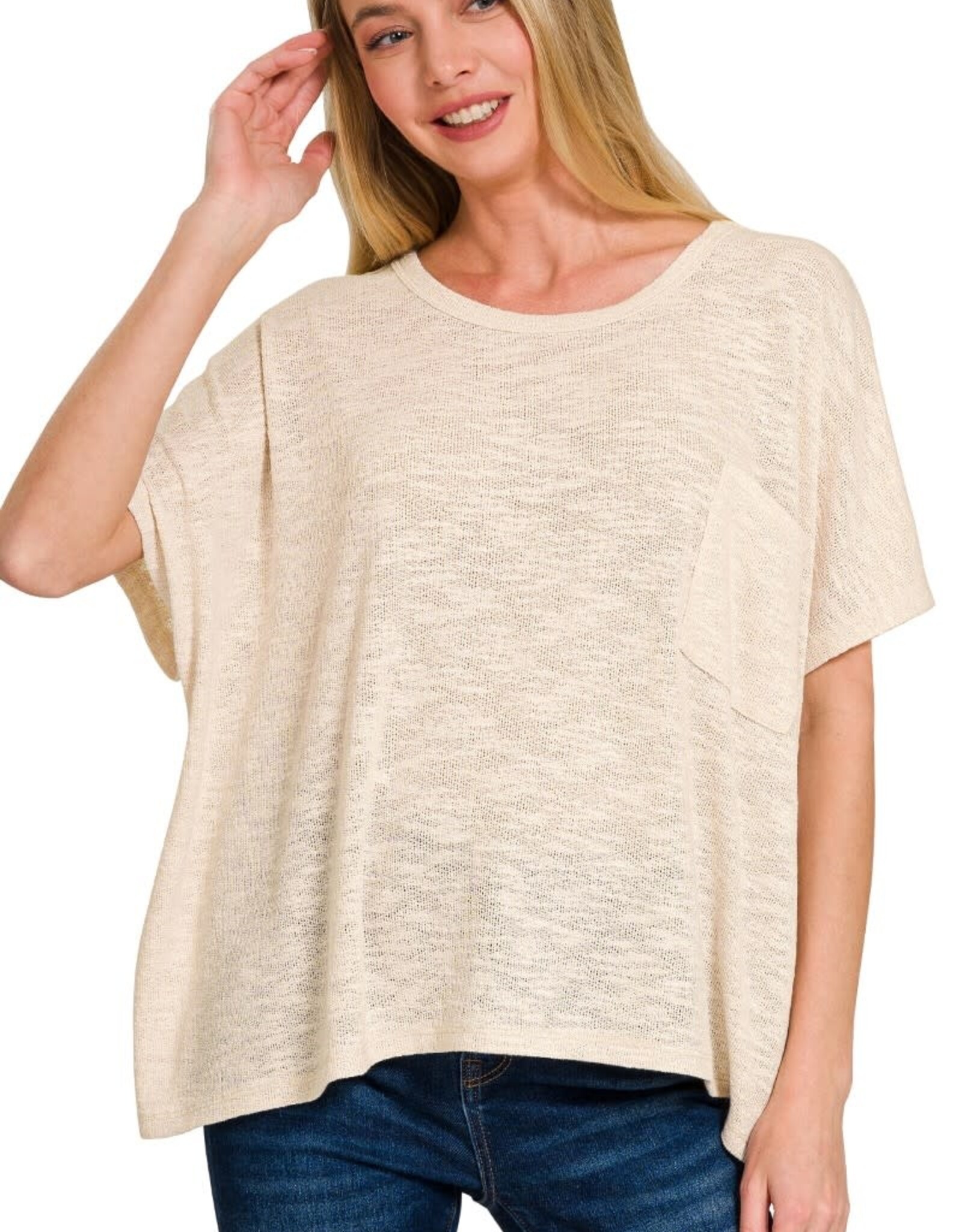 Miss Bliss Zen Oversized Slub Hacci Top With Pocket-Sand Beige