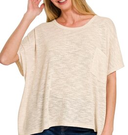Miss Bliss Oversized Slub Hacci Top With Pocket-Sand Beige