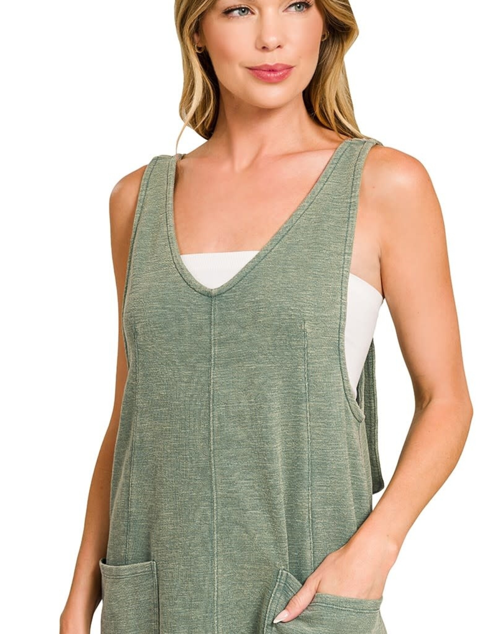 Miss Bliss Zen Washed Slub Adjustable Strap Overall Dress-Ash Jade