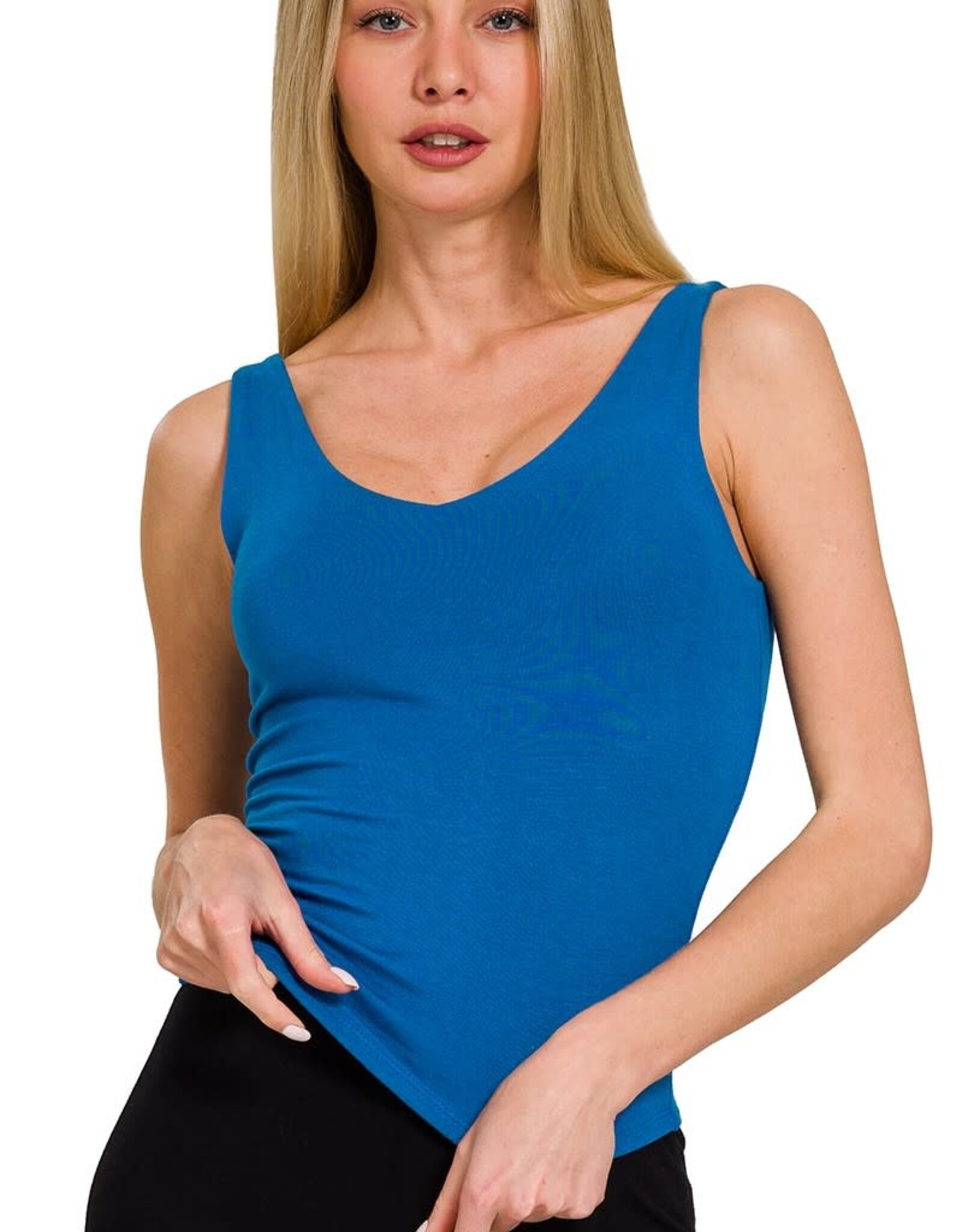 Miss Bliss Zen Premium Double Layer V Neck Tank-Classsic Blue