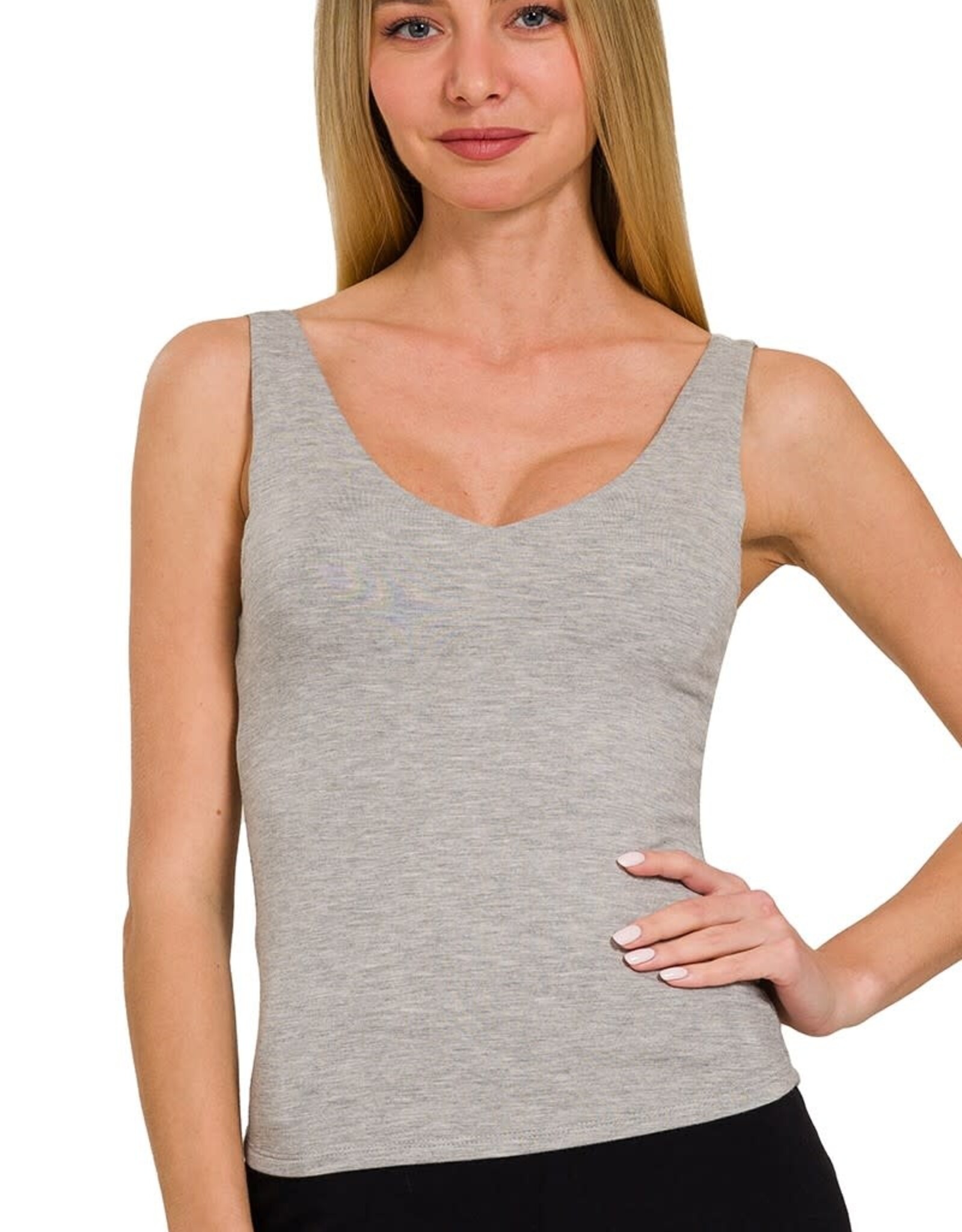 Miss Bliss Zen Premium Double Layer V Neck Tank-H Grey
