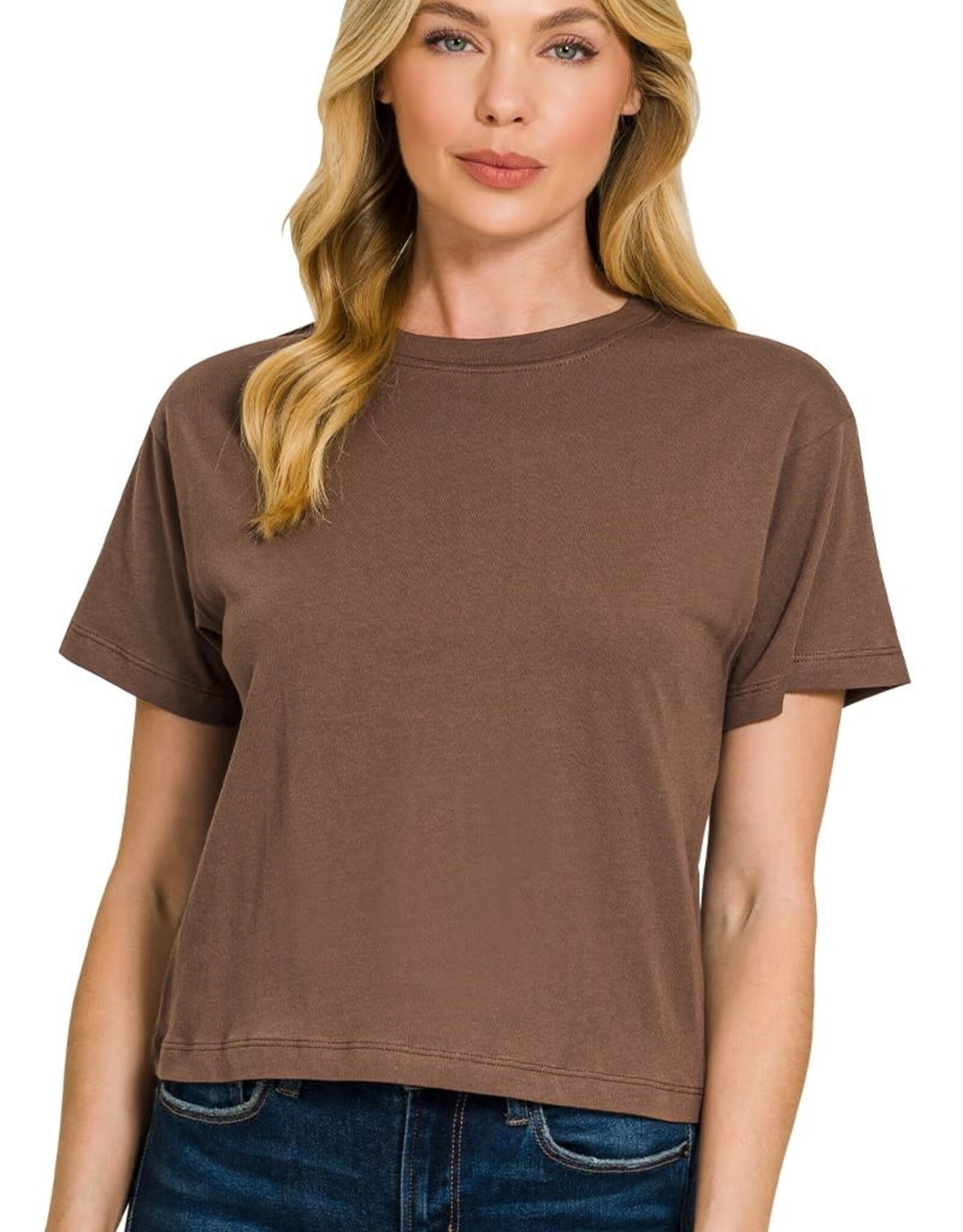 Miss Bliss Zen Cropped Cotton Crew Neck SS Top- Brown