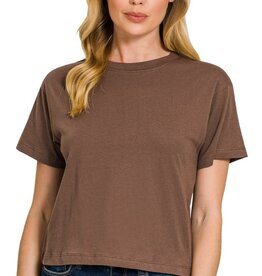 Miss Bliss Cropped Cotton Crew Neck SS Top- Brown