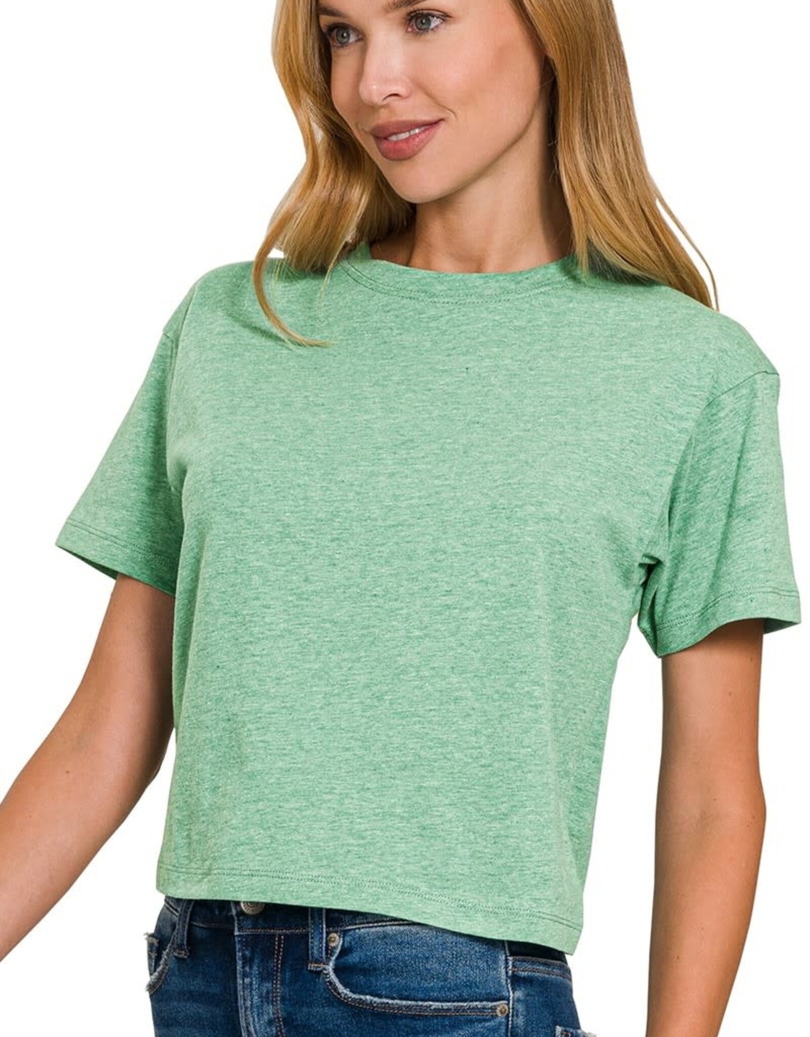 Miss Bliss Zen Cropped Cotton Crew Neck SS Top- K Green