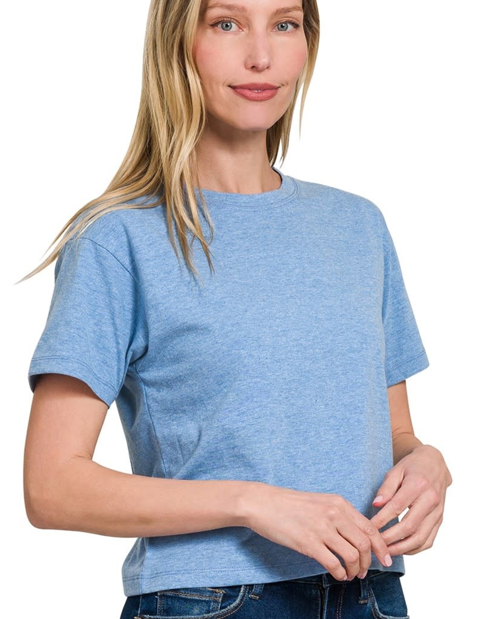 Miss Bliss Zen Cropped Cotton Crew Neck SS Top- Ocean Blue