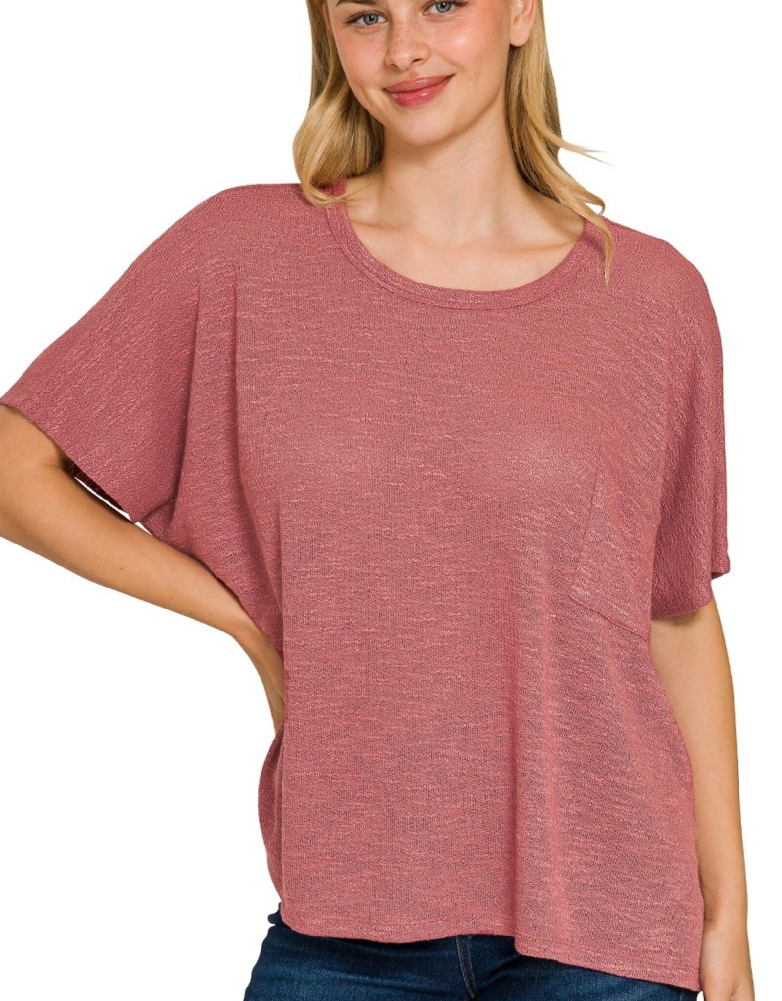 Miss Bliss Zen Oversized Slub Hacci Top With Pocket-Rose