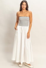 Miss Bliss HYFVE Striped Strapless Flowy Midi Dress-White&Blk