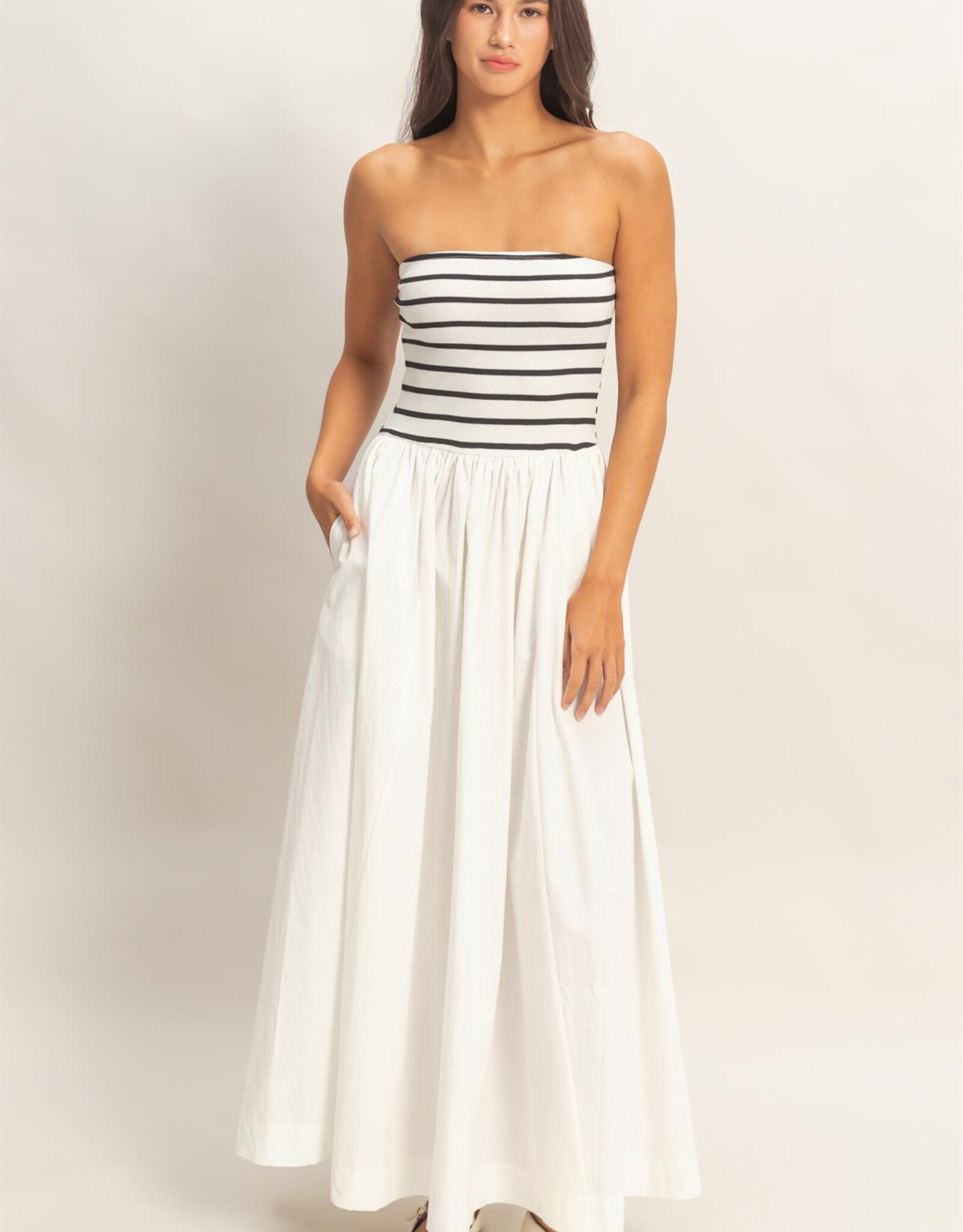 Miss Bliss HYFVE Striped Strapless Flowy Midi Dress-White&Blk