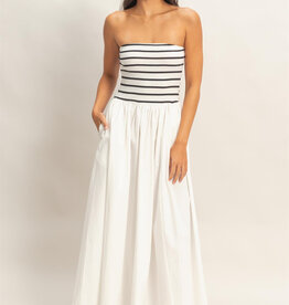 Miss Bliss Striped Strapless Flowy Midi Dress-White&Blk