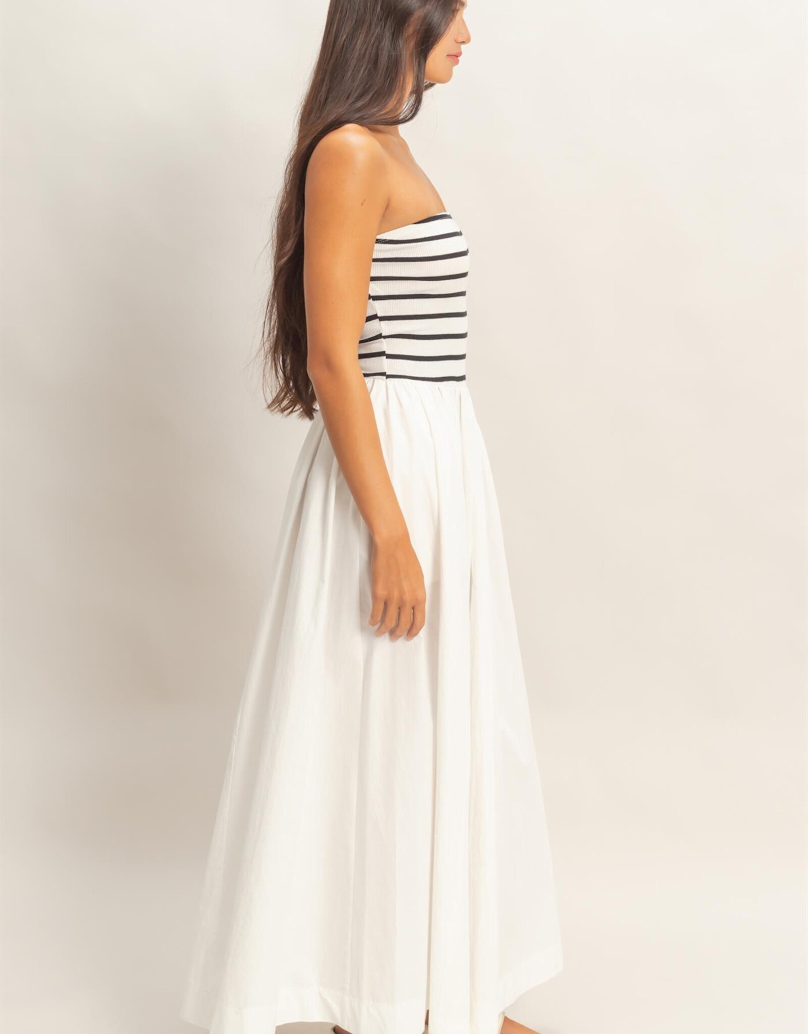 Miss Bliss HYFVE Striped Strapless Flowy Midi Dress-White&Blk