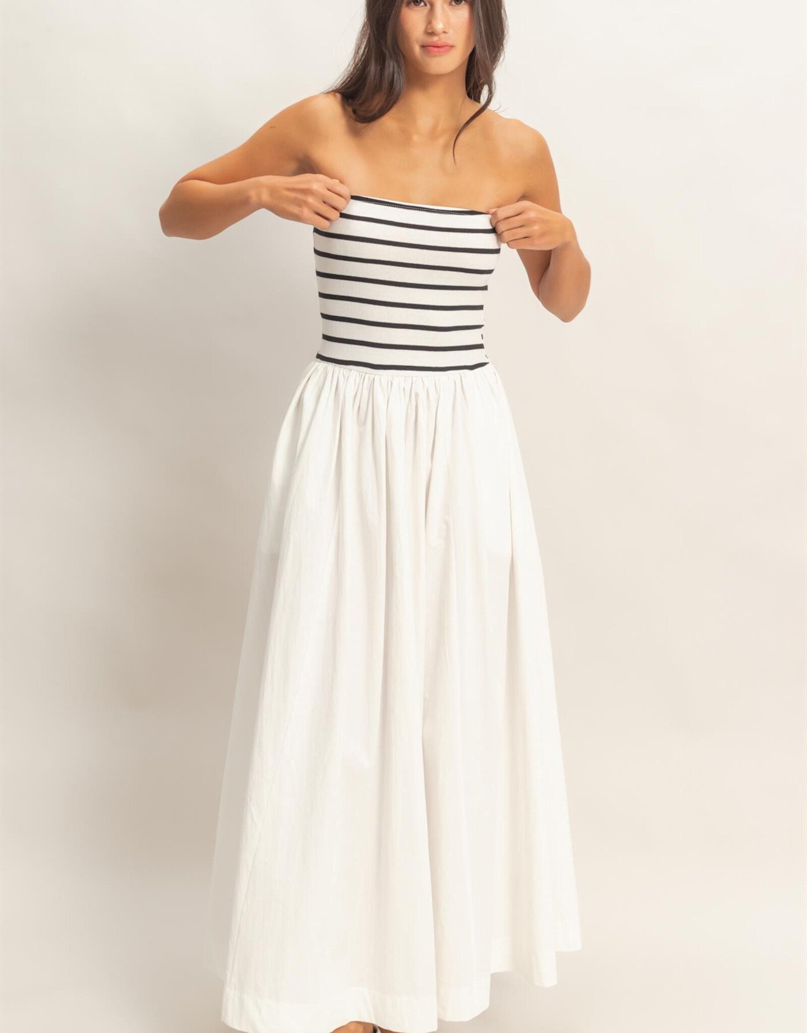 Miss Bliss HYFVE Striped Strapless Flowy Midi Dress-White&Blk