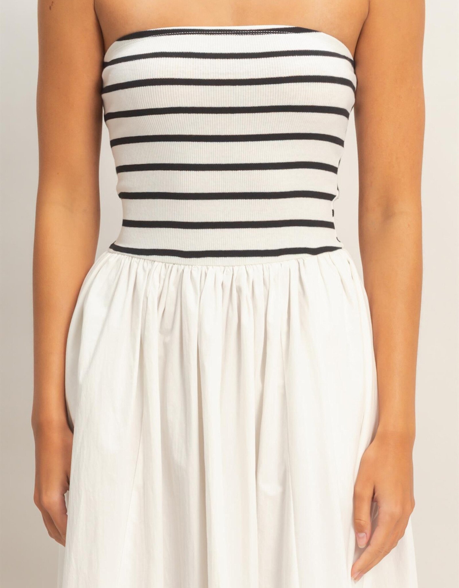 Miss Bliss HYFVE Striped Strapless Flowy Midi Dress-White&Blk