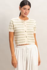 Miss Bliss HYFVE Striped SS Cardigan W Scallop Edge Top-Sage/Iv