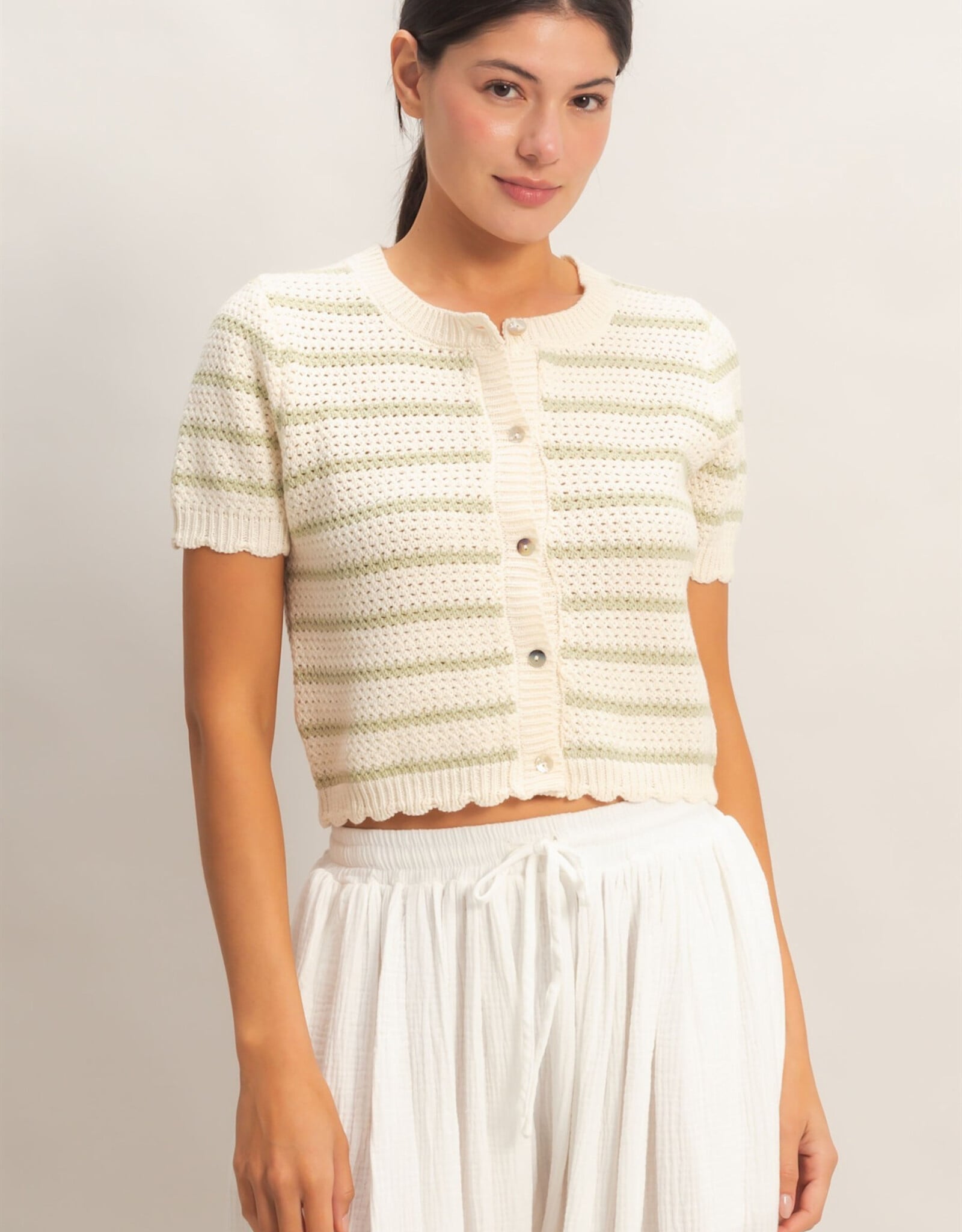 Miss Bliss HYFVE Striped SS Cardigan W Scallop Edge Top-Sage/Iv