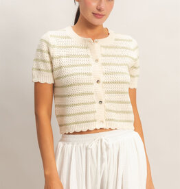 Miss Bliss Striped SS Cardigan W Scallop Edge Top-Sage/Iv