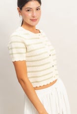 Miss Bliss HYFVE Striped SS Cardigan W Scallop Edge Top-Sage/Iv