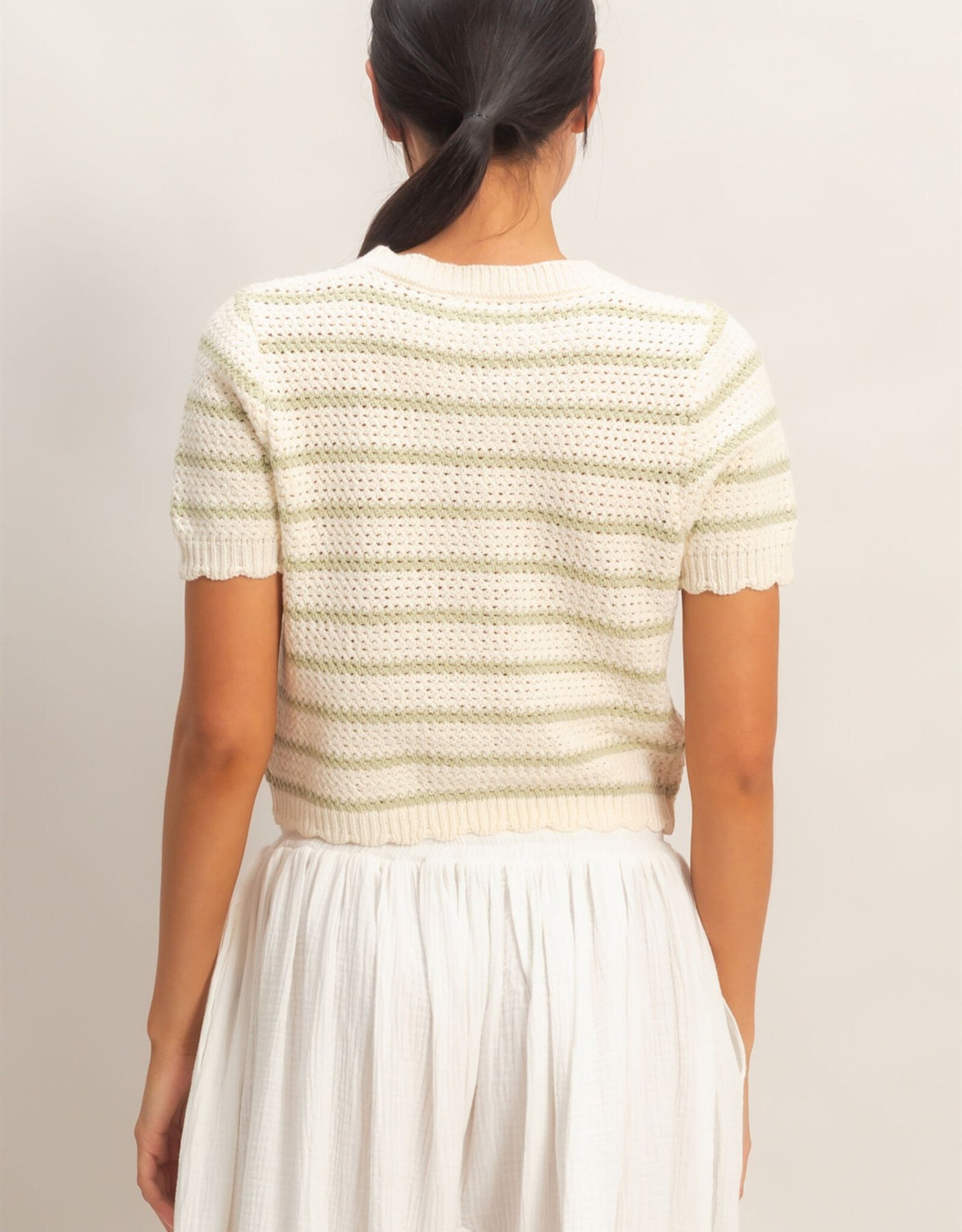 Miss Bliss HYFVE Striped SS Cardigan W Scallop Edge Top-Sage/Iv