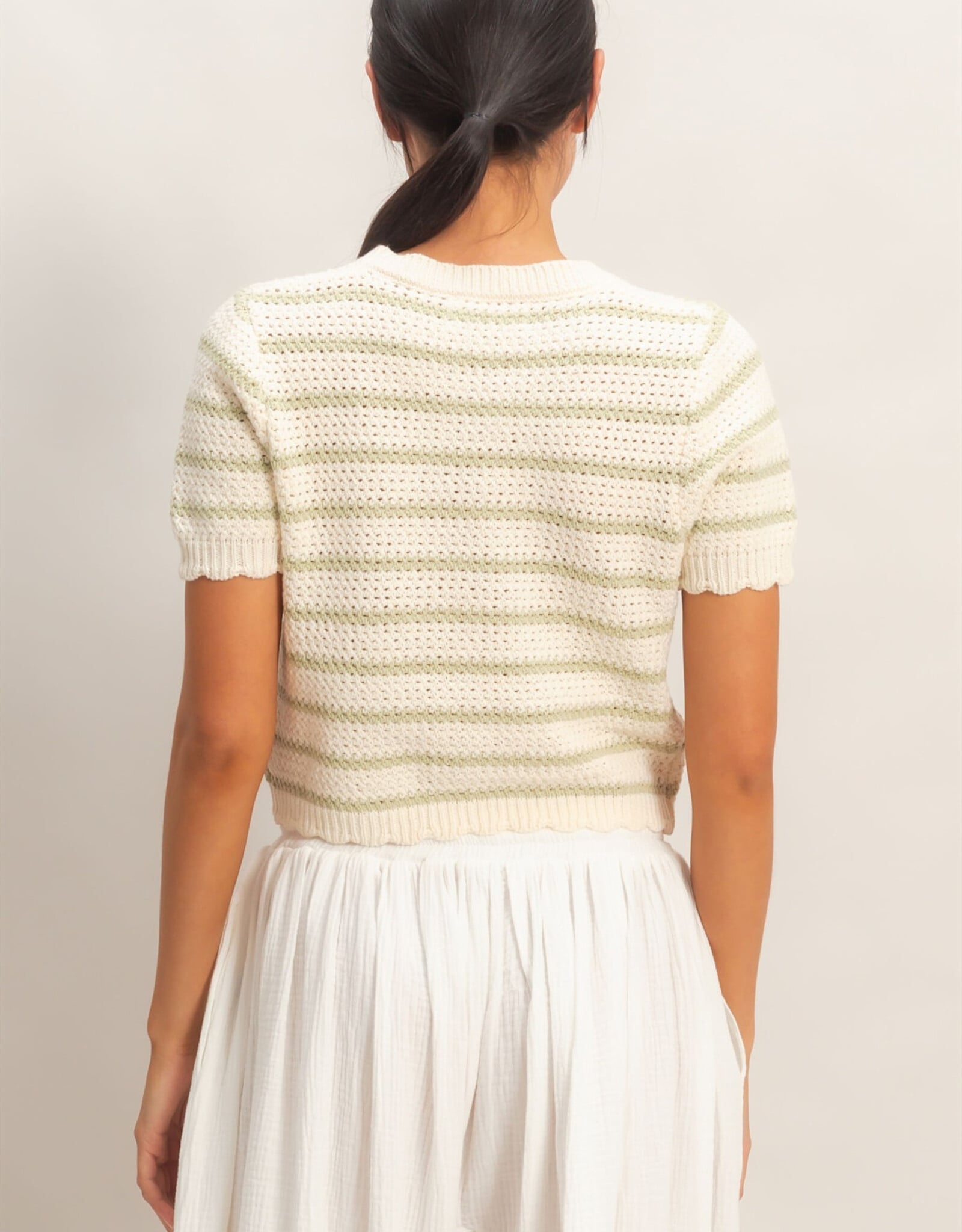 Miss Bliss HYFVE Striped SS Cardigan W Scallop Edge Top-Sage/Iv