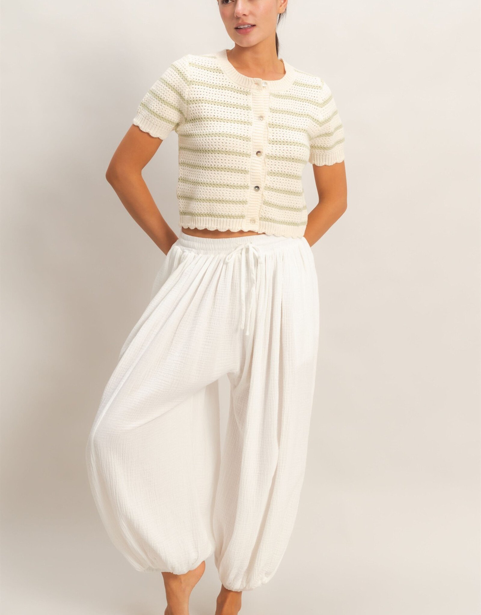 Miss Bliss HYFVE Striped SS Cardigan W Scallop Edge Top-Sage/Iv