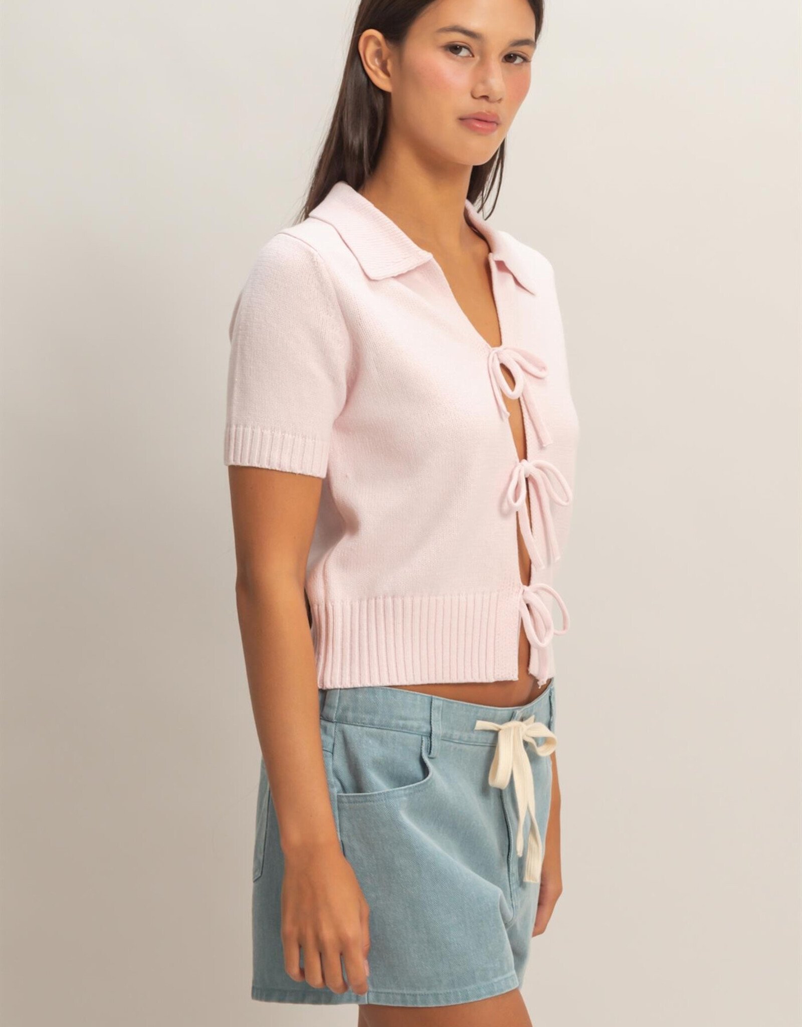 Miss Bliss HYFVE Tie-Front SS Knit Top-Soft Pink