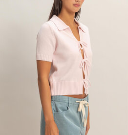 Miss Bliss Tie-Front SS Knit Top-Soft Pink