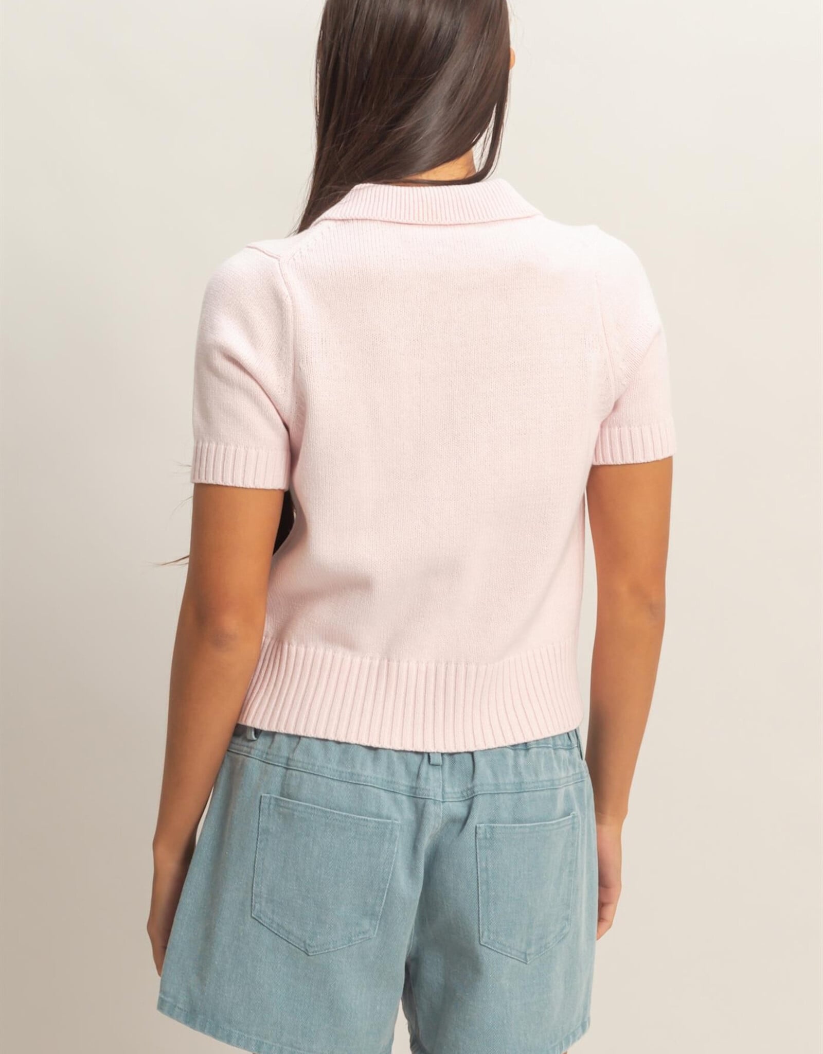 Miss Bliss HYFVE Tie-Front SS Knit Top-Soft Pink