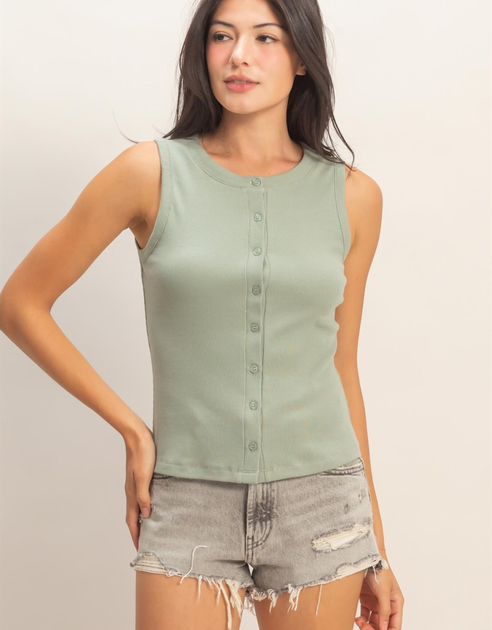 Miss Bliss HYFVE Ribbed Button Front Tank Top-Sage