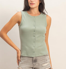 Miss Bliss Ribbed Button Front Tank Top-Sage
